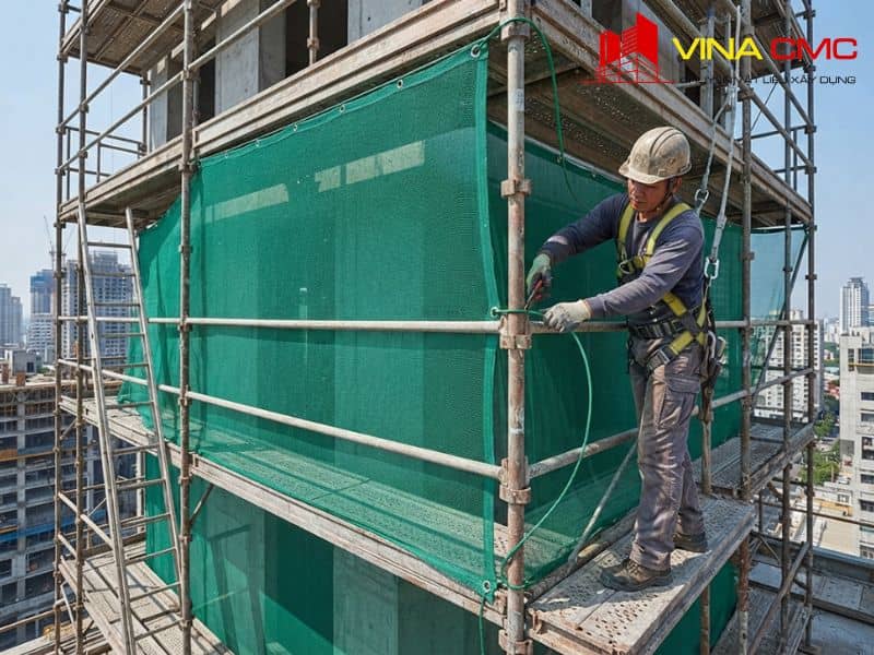 Quy Trình Lắp Đặt Lưới Bao Che An Toàn Chuẩn Kỹ Thuật HSE 9 Thi công lưới bao che đúng chuẩn yêu cầu phải dùng cáp căng thẳng tắp, khắc phục hoàn toàn sai lầm khi sử dụng lưới bao che